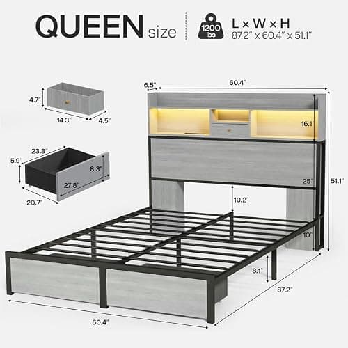 Siihnon Queen Bed Frame with Headboard and LED Lights, 51.2" Bookcase Tall Bed Frame Queen Size with Storage Drawers and Charging Station, Platform Metal Bed Frames, No Box Spring Needed, Grey thumbnail 2