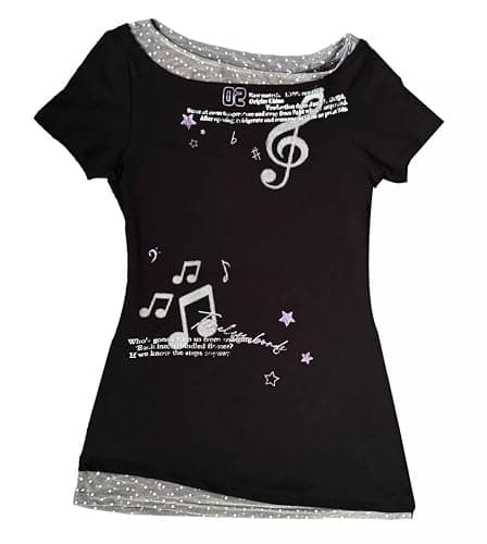 Y2k Aesthetics Grunge T Shirts Fake Two Piece Short Sleeve Graphic Tees 2000s Harajuku Punk Gothic Crop Tops Teens thumbnail 6