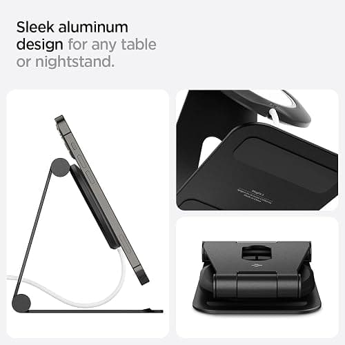 Spigen Mag Fit S Designed for MagSafe Charger Stand Aluminum Adjustable Phone Stand Compatible with iPhone 16/15/14/13/12, AirPods Pro 2/1, AirPods 4/3 (MagSafe Charger Not Included) - Black - Black thumbnail 8