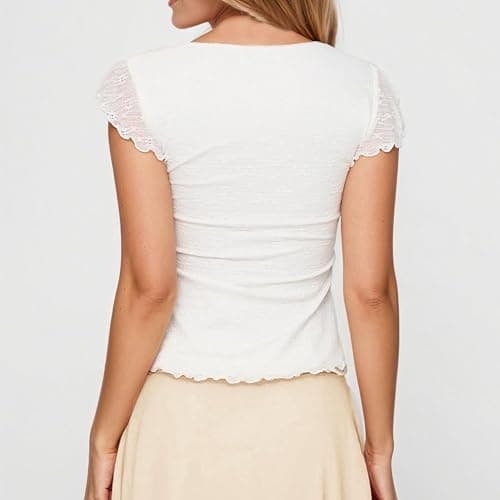 FWSAM Women Trendy Square Neck Cap Sleeve Peplum Top Y2k Lace Up Layered Lettuce Trim Flared Ruffle Hem Tee Shirt thumbnail 4