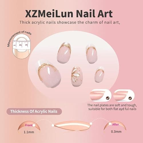 XZMeiLun 3D Gold Line French Tips Press On Nails Oval Short, White Flower French Tip Designer Reusable Acrylic Nails Press Ons, Fake Nails With Glue On Nail, Daily Wear Floral False Nails For Women thumbnail 3