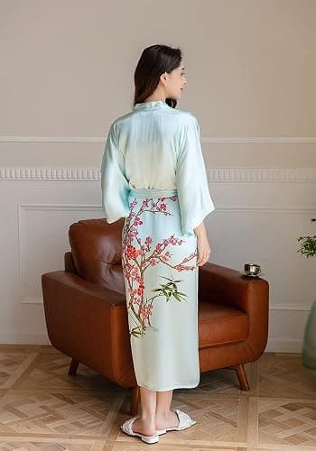 Kwedhonjh Women's Classic 100% Silk Kimono Robe, Bathrobe—Printed Pattern thumbnail 3