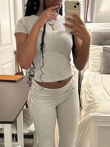 AYWA Women's 2 Piece Lounge Sets Short Sleeve Crop Top Foldover Flare Pants Casual Pajama Outfits thumbnail 4