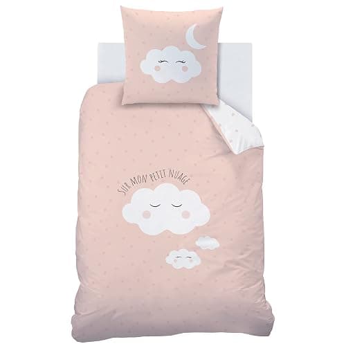 MATT & ROSE Parure de lit Enfant Fille 140x200 cm Nuages | 100% Coton | Oeko-TEX | Housse de Couette Enfant 140x200 cm + 1 Taie d'oreiller 65x65 cm Imprimées Réversibles Blanc, Rose thumbnail 3