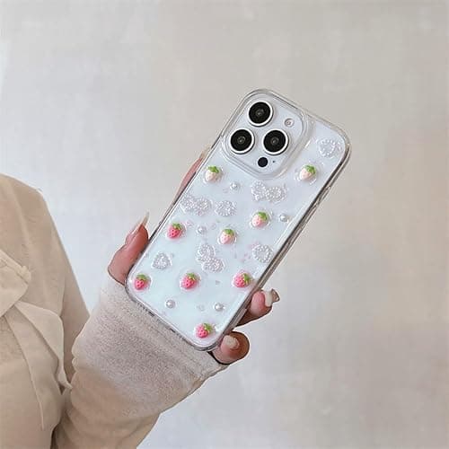 Fycyko Compatible for iPhone 15 3D Strawberry Pearl Bow Clear with Design Aesthetic Women Teen Girls Glitter Pretty Sparkle Sparkly Cute Girly Phone Cases Protective Cover+Pearl Chain thumbnail 5