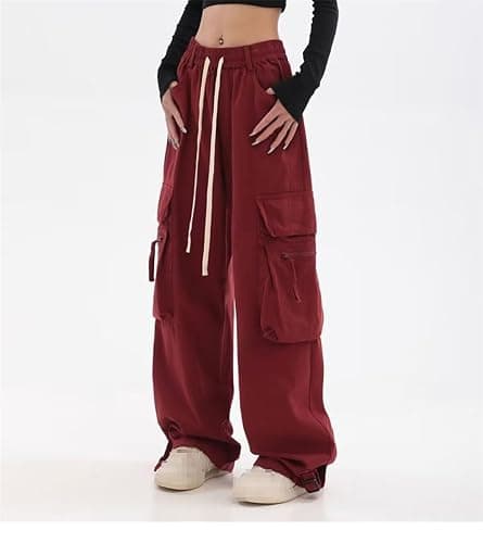 Ownwfeat Women's Cargo Pants Low Waist Trousers Straight Pants thumbnail 2