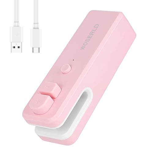 WOSERLD Mini Bag Sealer 2 in 1 Heat Sealer Bag Sealer and Cutter, Bag Sealer for Snacks, Lithium battery bag resealer for chip bags portable sealer kitchen food packaging seal (pink) - Image 1