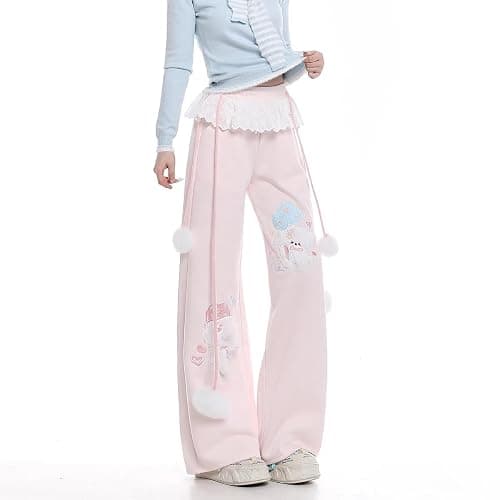 Women Y2k Kawaii 3D Plush Puppy Embroidery Sweatpants Harajuku Cutecore Lace Trim Bow Tie Baggy Casual Wide Leg Joggers thumbnail 8