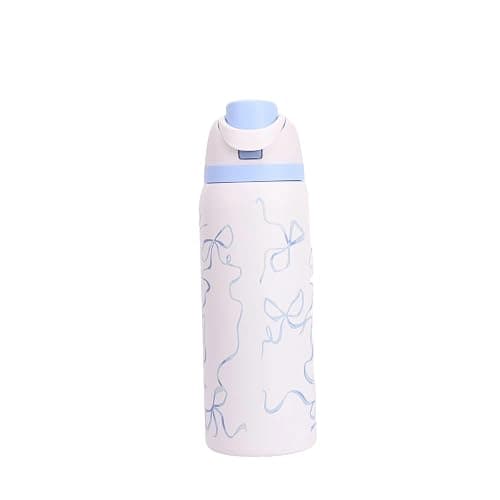 304 Stainless Steel Fitness Sports Vacuum Bottle with handle and straw, Large Capacity Macaron Thermal Mug /16/19/24/32 oz (blue bow,32) - Image 1