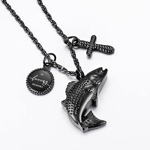 XIUDA Fish Urn Cremation Necklace for Ashes Urn Necklaces for Human Ashes in Loving Memory of Dad Fishing Locket Ashes Holder Keepsake Cremation Memorial Pendant Jewelry thumbnail 4
