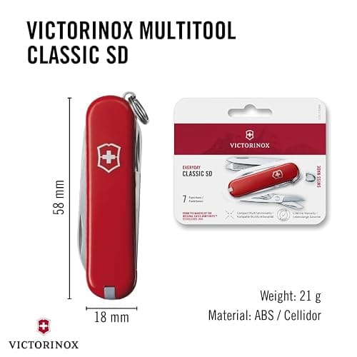 Victorinox Classic SD Swiss Army Knife, Compact, 7 Functions, Swiss Made Pocket Knife with Small Blade, Screwdriver and Key Ring - Style Icon (Red) | Swiss made compact multi-tool with scissors, nail file, tweezers, and toothpick. Durable iconic stainless steel construction thumbnail 3