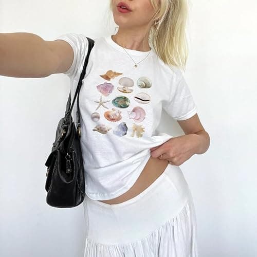 Y2k Graphic Baby Tees for Women Fruit Bow Shirt Crop Top Vintage Aesthetic Teen Girl Clothes 90s Summer Clothing - Small - Shells White thumbnail 2