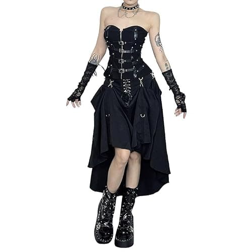 TSMNZMU Womens Gothic Pleated Maxi Skirt Punk Adjustable High Low Skirts Grunge Harajuku Clothes - Image 1