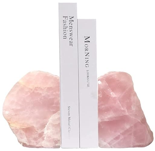 MOGEMT Rose Quartz Bookends Pink Crystal Decorative Book Ends Office Home Decor Small 1 Pair 2-3 Lbs - Image 1