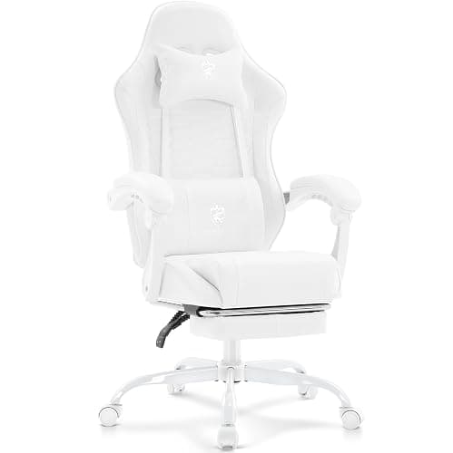 Morkprism White Gaming Chair,Computer Office Chair with Footrest,Massage Lumbar Support and Gel Pad,Ergonomic Reclining Adjustable Leather Gamer Chair with Headrest and Spring Cushion White - Image 1