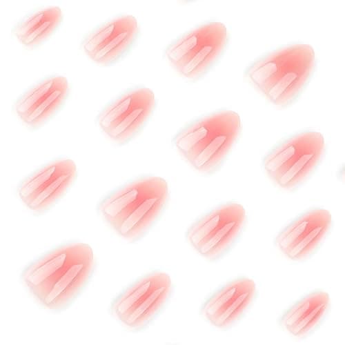 Pink Aura Press on Nails Short Almond Fake Nails Cute False Nails Press ons with Design for Women Manicure,Glossy Finish | Reusable | Nail Kit with Jelly Adhesive Tabs | 24 Pcs thumbnail 2