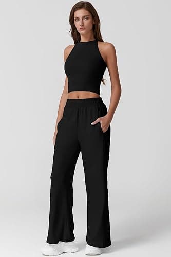 QINSEN Women's 2 Piece Sets Summer Ribbed Knit Crop Tank Tops Wide Leg Pants Sleeveless Tracksuit thumbnail 3