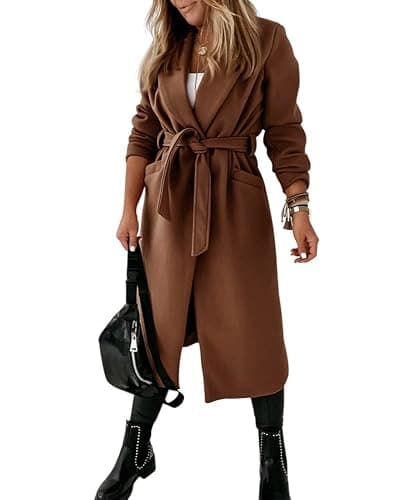 Womens Classic Coat Lapel Collar Open Front Belted Long Jacket thumbnail 3