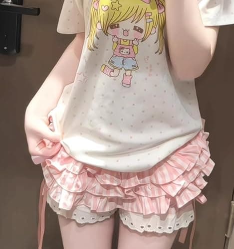 Womens Y2K Off Shoulder Kawaii T-Shirt Suit Hrajuku Plaid Ruffled Lace Pumpkin Short Pants Cute Cat Graphic Tops thumbnail 3