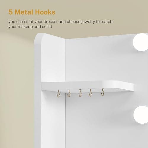 FIONESO Vanity Desk with Mirror and Lights, Makeup Vanity with Power Outlet and 4 Drawers & 6 Shelves & 5 Hooks, 3 Color Modes & Adjustable Brightness, White Vanity for Bedroom thumbnail 7