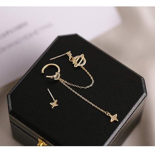 Planet CZ Moon Star Ear Cuff Wrap Clip On Crawler Climber Hoop 925 Sterling Silver Post Stud Chain Threader Tassel Asymmetric Earrings for Women Cute Hypoallergenic Gifts Daughter Bff Christmas thumbnail 3
