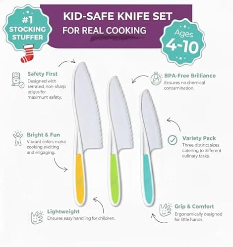 Tovla Jr. Kid Safe Knife Set for Real Cooking | 3-Piece Toddler Kitchen Knives | Montessori & STEM Cooking Tools Ages 4–12 | BPA-Free, Dishwasher-Safe | Christmas, Birthday & Stocking Stuffer Gift thumbnail 2