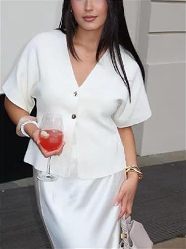 hathne Women's V Neck Short Sleeve Cardigan Sweater Button Down Ribbed Knit Tops thumbnail 8