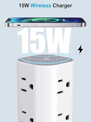 Power Strip with Wireless Charger, Flat Plug Surge Protector with 10FT Extension Cord, 12 AC Multiple Outlets, 4 USB (2 USB C), 15W Wireless Charging Power Tower for Home Office Dorm, White thumbnail 4