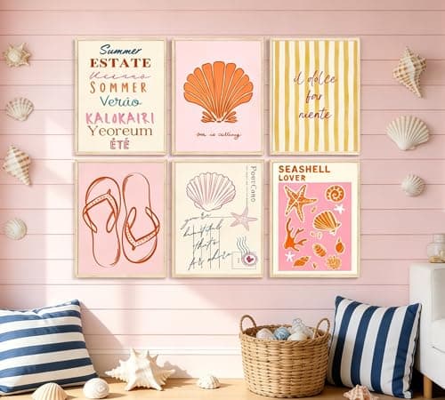 6 Pcs Coastal Style Poster Wall Art,Pink Orange Preppy Style Painting Picture Wall Decor,Beach Seashell and Starfish Canvas Print Artwork,for Bathroom Girl Room Dormitory Home Decoration Unframed thumbnail 7