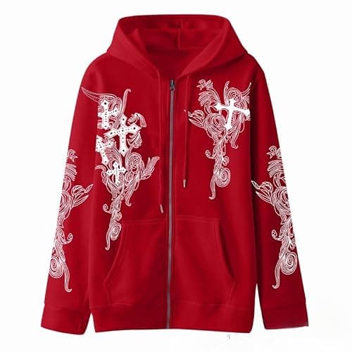 Women Men Y2K Zip Up Oversized Hoodie Gothic cross Graphic Emo Grunge Baggy Fleece Jacket 90s Punk Streetwear thumbnail 3
