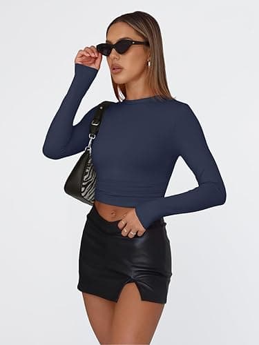 Trendy Queen Womens Long Sleeve Shirts Basic Tees Crop Tops Going Out Spring 2025 Workout Outfits Y2k Clothes - Small - Navy thumbnail 5