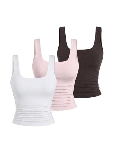BEAUDRM Women's Y2k Double Lined 3 Piece Crop Tank Top Sets Square Neck Sleeveless Ruched Tee Shirt Basic Tops Pack - Image 1