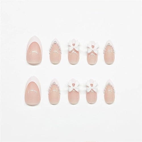 24pcs Almond Shaped Artificial Nails - French Tips with Cute Bow Charms Design - Nude Pink Acrylic Nails for Women & Girls thumbnail 3