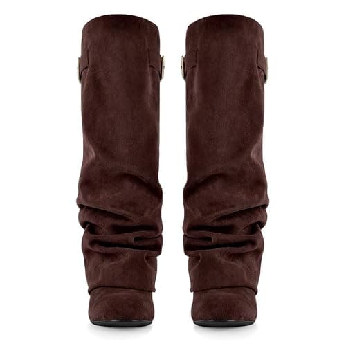 blingqueen Slouchy Wedge Suede Boots Fold Over Knee High Pull On High Heels thumbnail 4