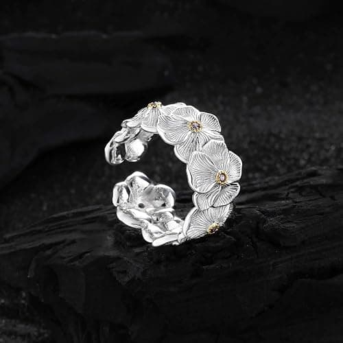 Dtja Textured Flower 925 Sterling Silver Adjustable Statement Ring for Women Vintage Jasmine Floral Expandable Open Wrap Finger Rings Comfort Fit Wedding Holiday Jewelry thumbnail 4