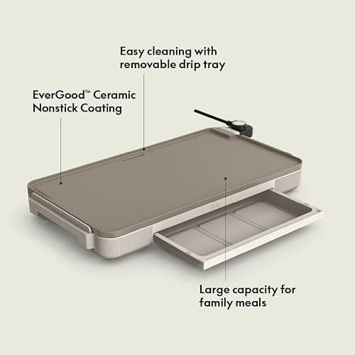 bella 12" x 22" Electric Griddle with Warming Tray, EverGood™ Ceramic Nonstick Coating & Removable Temperature Probe, Dishwasher-Safe Drip Tray & Cool Touch Handles, 1500 Watt, Oatmilk thumbnail 5