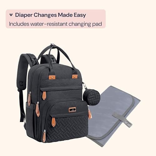 BabbleRoo Diaper Bag Backpack - Baby Essentials Travel Tote - Multi Function Water Resistant Diaper Bag, Travel Essentials Baby Bag with Changing Pad, Stroller Straps & Pacifier Case - Unisex, Black thumbnail 8
