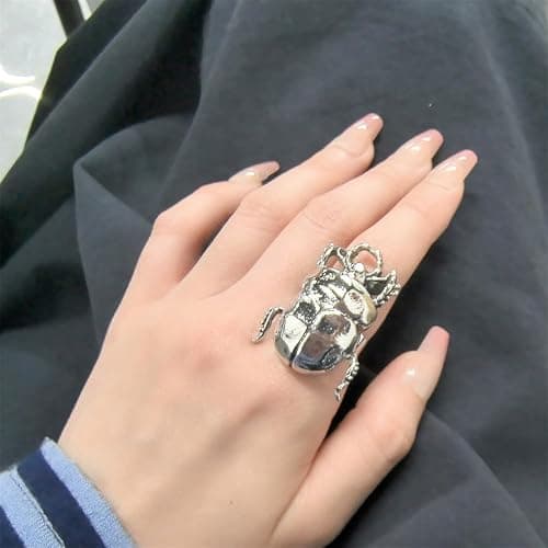 Dtja Vintage Beetle Insect Statement Ring for Women Men Adjustable Expandable Pest Moth Animal Halloween Wide Wrap Band Rings Comfort Fit Creative Holiday Jewelry thumbnail 3