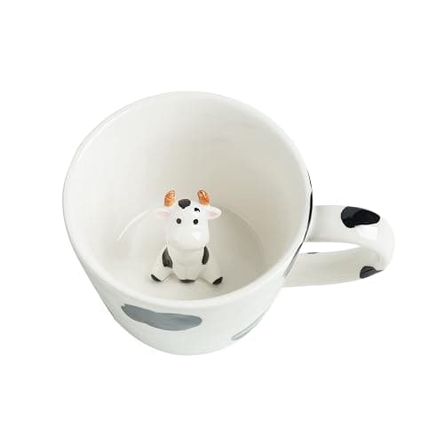 DIHOclub Cow Ceramic Cup Hidden 3D Animal Inside Mug,Cute Cartoon Handmade Figurine Mugs,Holiday and Birthday Gift for Coffee Milk Tea Lovers,12 OZ(White,Black) - Image 1