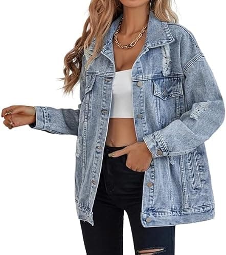 LifeShe Women's long oversized denim jacket boyfriend ripped distressed jean jackets coat thumbnail 2
