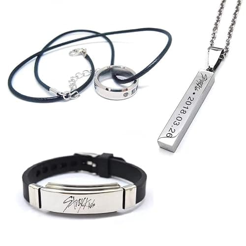 YiYiXiXi 3Pcs STRAY K-I-D-S SKZ Jewelry Gifts Set,SKZ Merch Necklace Wristband Ring for Fans(Black) - Image 1