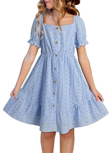 DOKOTOO KIDS Girls Summer Dress Casual Puff Sleeve A-line Button Down Eyelet Midi Dress 6-15 Years - Image 1