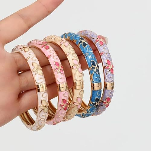 sunglnl Cloisonne Bracelet For Women, 4 Petals of Flower Shaped Enamel Bling Chunky Bangle Trendy Cute Colorful Gold Plated Vintage Bracelets Stackable Wife Jewelry Friendship Gift thumbnail 3