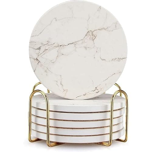 6 Pcs White Marble Coaster Set with Holder Best Absorbent Coasters Drink Coasters Ceramic Bar Coasters Cute Table Coasters Gift Cup Stone Coasters Modern Coasters thumbnail 4