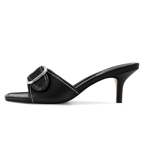 Dsevht Black Kitten Heel Sandals Stiletto Low Heels Slip On Slides Mule Sandal Square Open Toe Dress Shoes for Women thumbnail 6