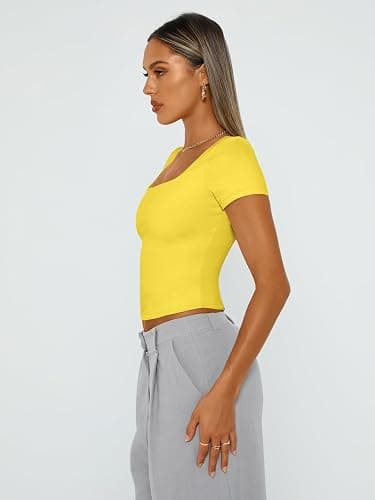 Trendy Queen Double Lined Tops for Women Square Neck Cute Going Out Short Sleeve Shirts Spring Summer Crop Tops Teens Tees thumbnail 4