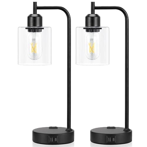 Industrial Touch Table Lamps for Bedrooms Set of 2 - 3-Way Dimmable Nightstand Lamps with USB C+A Ports and Outlet, Black Bedside Lamps with Glass Shade for Living Room, Desk Lamps for Home Office thumbnail 8