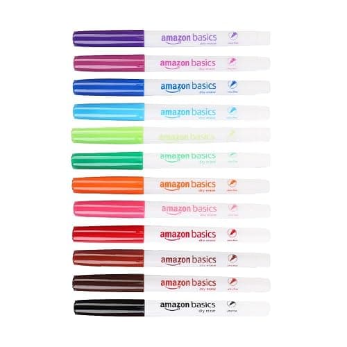 Amazon Basics Low Odor Ultra Fine Tip Dry Erase White Board Markers, Assorted Colors, 12-Pack - Image 1