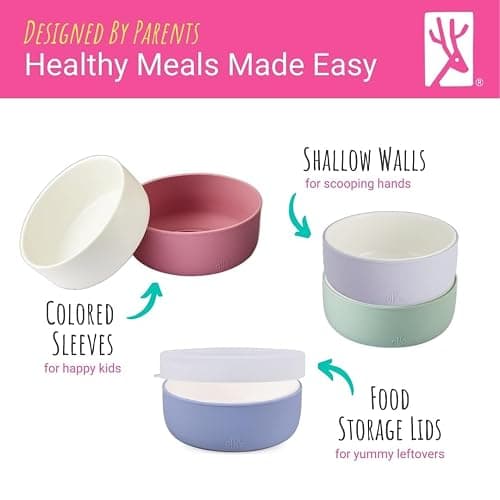 Elk and Friends Kids Porcelain Bowls with Silicone Suction Sleeves | Lids Included | Suitable for Babies/Toddlers | Microwave & Dishwasher Safe | Stay Put Dinnerware | Snack Dishes | 4 Pack thumbnail 5