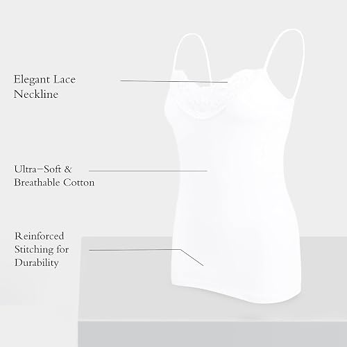 Womens Tank Top Camisoles with Premium Cotton Italian Design - Trimmed with Flower Lace on Neckline thumbnail 5